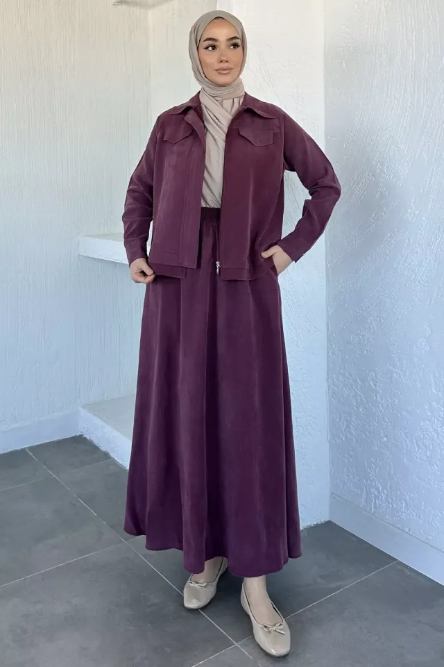 Bel Lastikli Etek Ön Fermuarlı Ceket Kuşaklı Tesettür İkili Takım Mürdüm