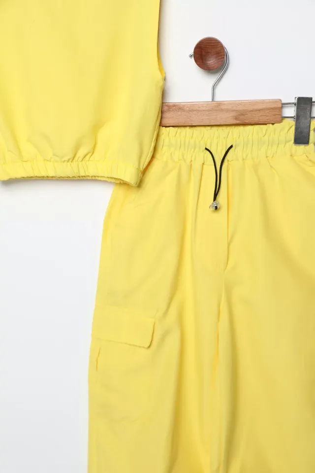 Bel Lastikli Kargo Cep Kız Çocuk Crop Pantolon İkili Takım Sarı