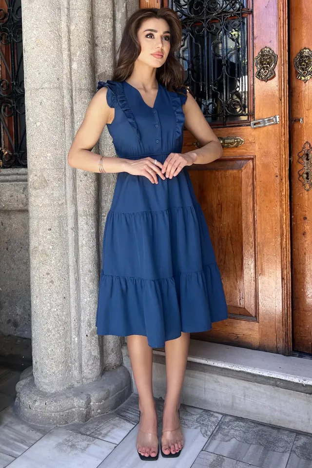Bel Lastikli Ön Düğme Detaylı Omuz Fırfırlı Kadın Elbise Lacivert