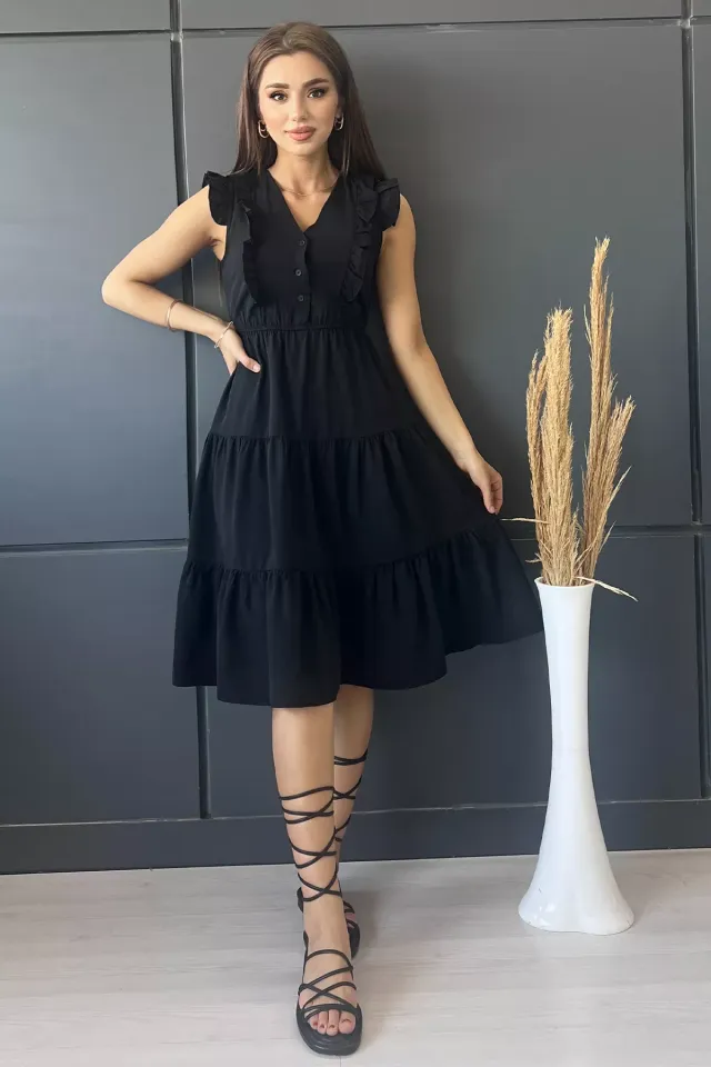 Bel Lastikli Ön Düğme Detaylı Omuz Fırfırlı Kadın Elbise Siyah