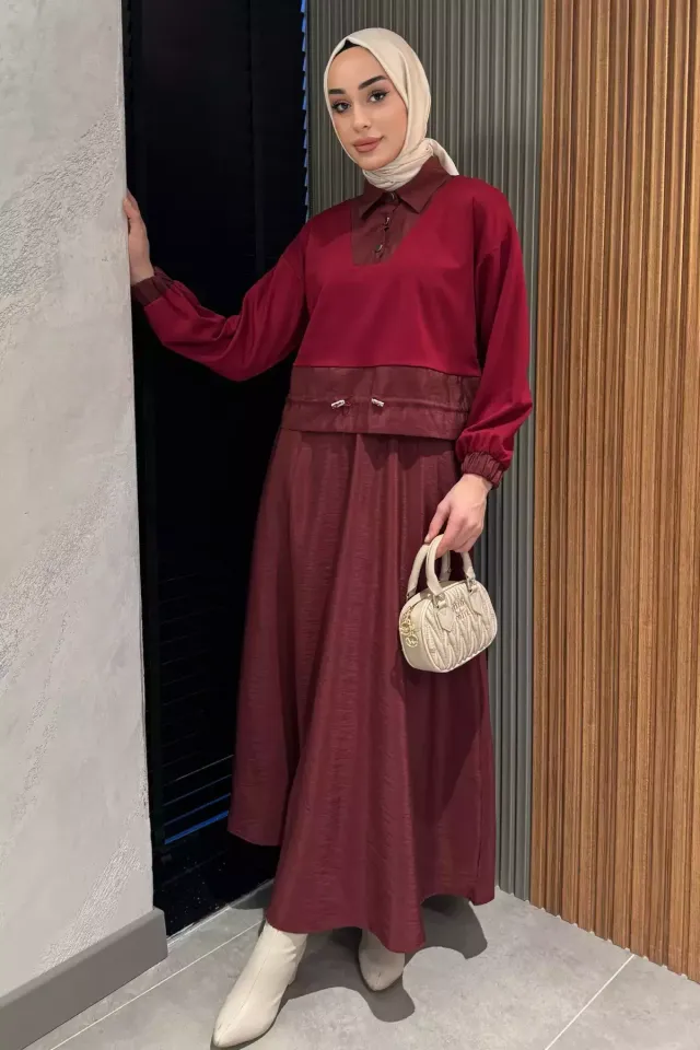 Bel Lastikli Paraşüt Garnili Yaka Çıtçıt Detaylı Bluz Etek Tesettür İkili Takım Bordo