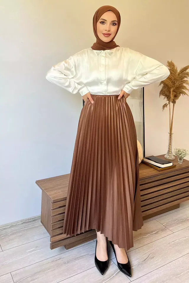 Bel Lastikli Pileli Tesettür Etek Camel