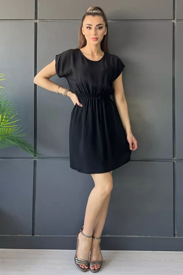 Bel Lastikli Ve Bağlamalı Düz Renk Yazlık Elbise Siyah