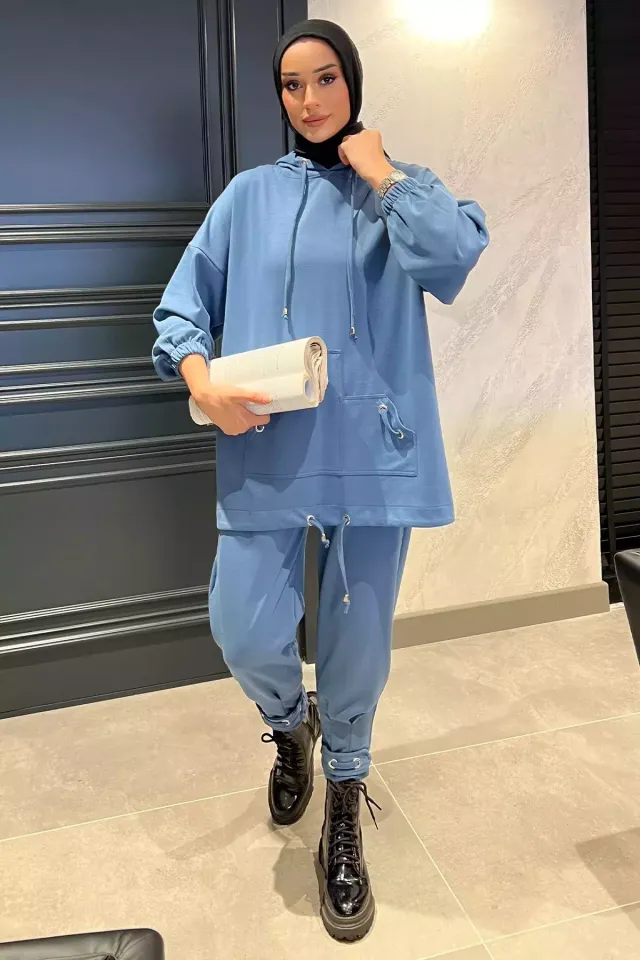 Bel Ve Paça Detaylı Kapüşonlu Tunik Pantolon Tesettür İkili Takım İndigo