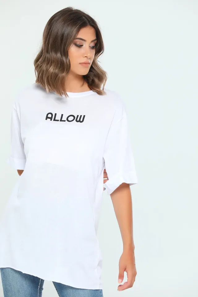 Kadın Likralı Kol Katlamalı Uzun T-shirt Beyaz