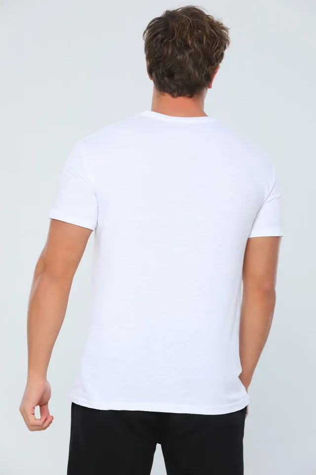 Erkek Likralı Bisiklet Yaka Baskılı Slim Fit T-shirt Beyaz