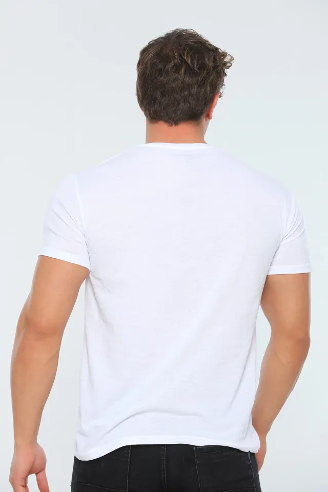 Erkek Likralı Bisiklet Yaka Slim Fit Baskılı T-shirt Beyaz
