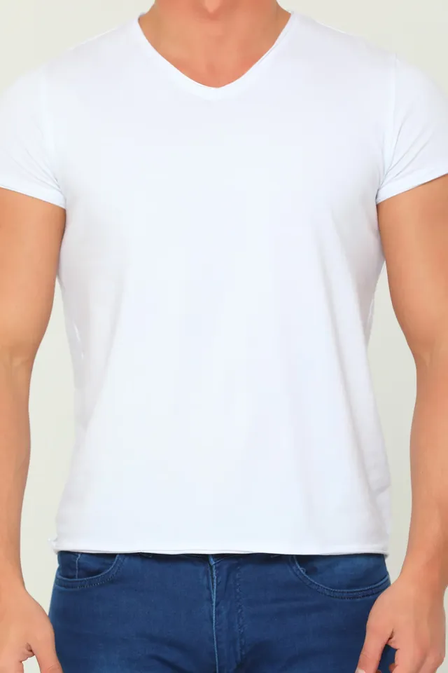 Erkek Likralı V Yaka Basic Body T-shirt Beyaz