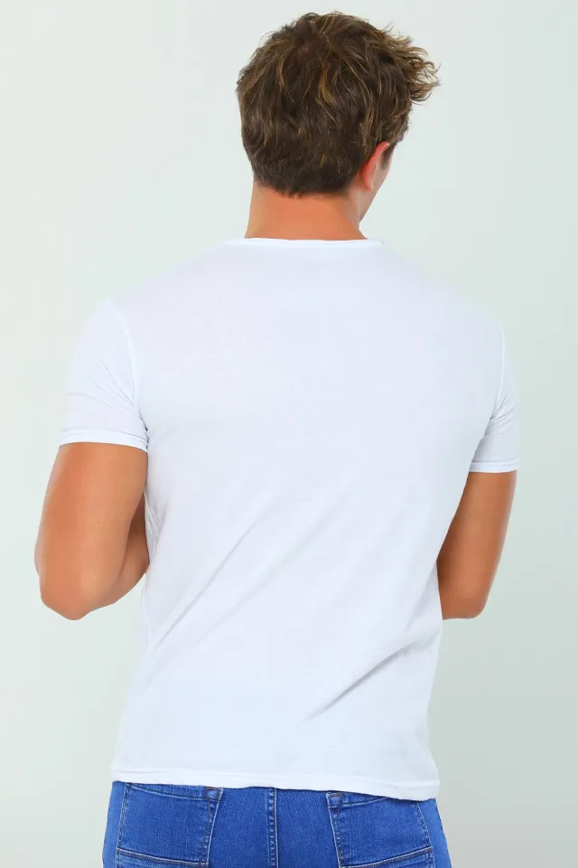 Erkek Likralı V Yaka Cepli Slim Fit Basic Body T-shirt Beyaz