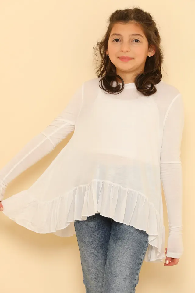 Kız Çocuk Likralı Fırfırlı Sırt Detaylı Bluz Beyaz