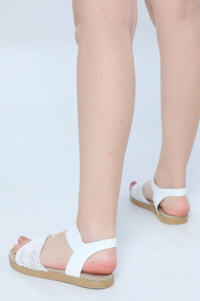 Kadın Bilek Detaylı Halat Örgülü Sandalet Beyaz