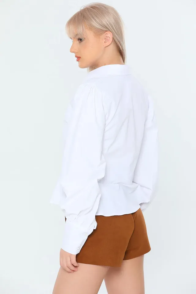 Kadın Eteği Volanlı Slim Fit Kısa Gömlek Beyaz