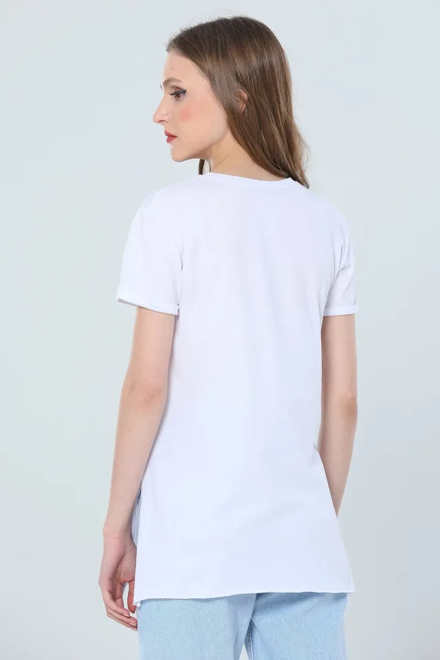Kadın Likralı Bisiklet Yaka Yırtmaçlı Uzun T-shirt Beyaz