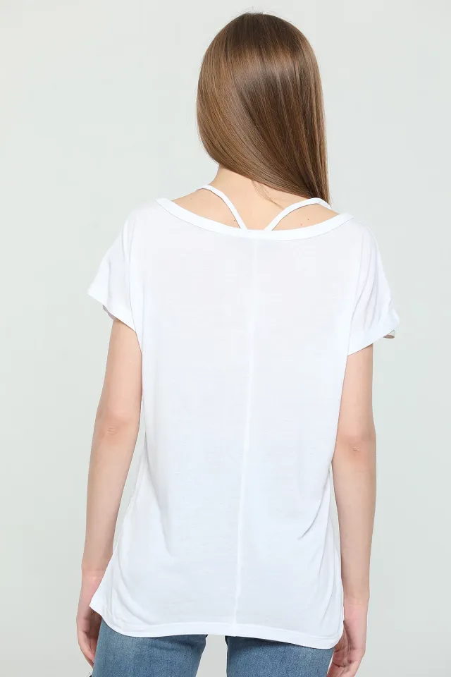 Kadın Likralı Yaka Detaylı T-shirt Beyaz