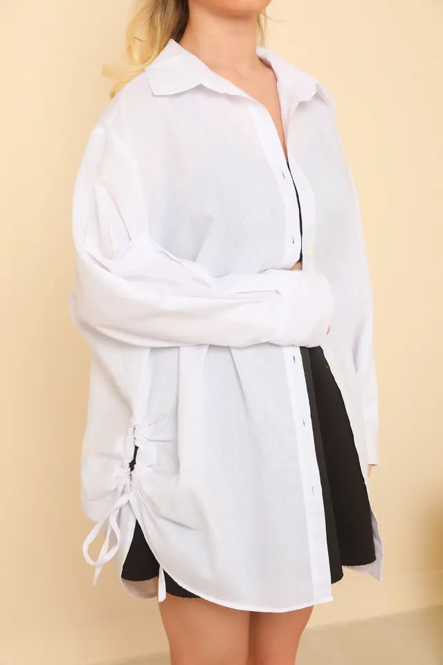 Kadın Oversize Poplin Kumaş Yanı Büzgülü Uzun Basic Gömlek Beyaz