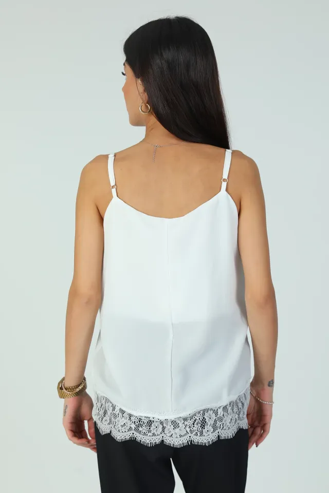 Kadın Taş İşlemeli Dantel Detaylı İp Askılı Bluz Beyaz
