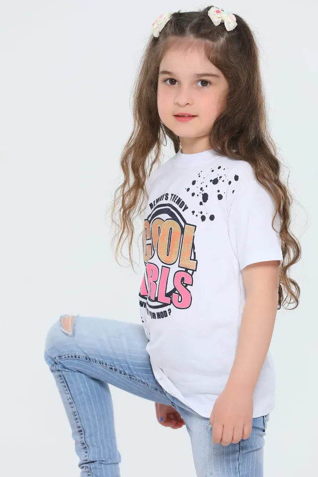 Kız Çocuk Likralı Bisiklet Yaka Baskılı T-shirt Beyaz