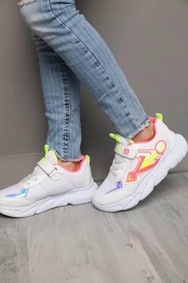 Çocuk Anaroklu Bağcıklı Cırtlı Günlük Spor Ayakkabı Beyaz Neon Pembe