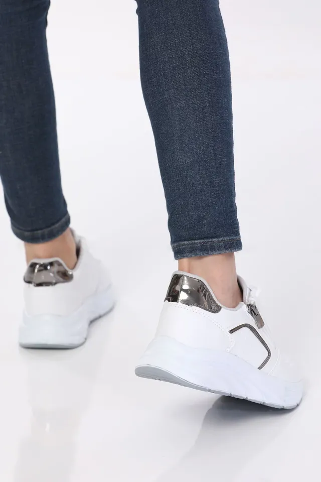 Kadın Bağcıklı Fermuarlı Yüksek Taban Spor Ayakkabı Beyazgümüş
