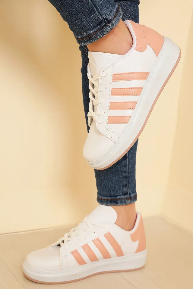 Kadın Şeritli Günlük Spor Ayakkabı Beyazpudra