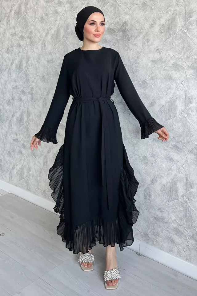 Bilek Ve Eteği Dantelli Sırtı Fermuarlı Astarlı Şifon Tesettür Elbise Siyah