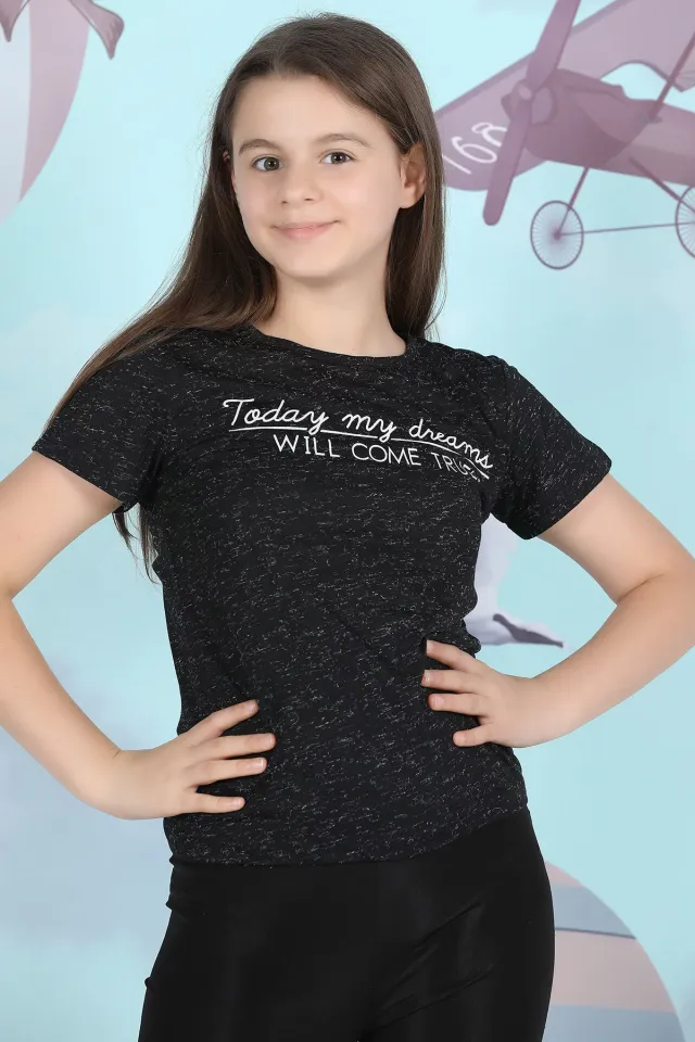 Kız Çocuk Likralı Bisiklet Yaka Baskılı T-shirt Siyah