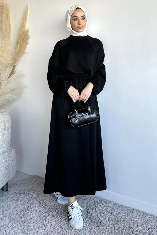 Bisiklet Yaka Bluz Bel Lastikli Etek Tesettür İkili Takım Siyah