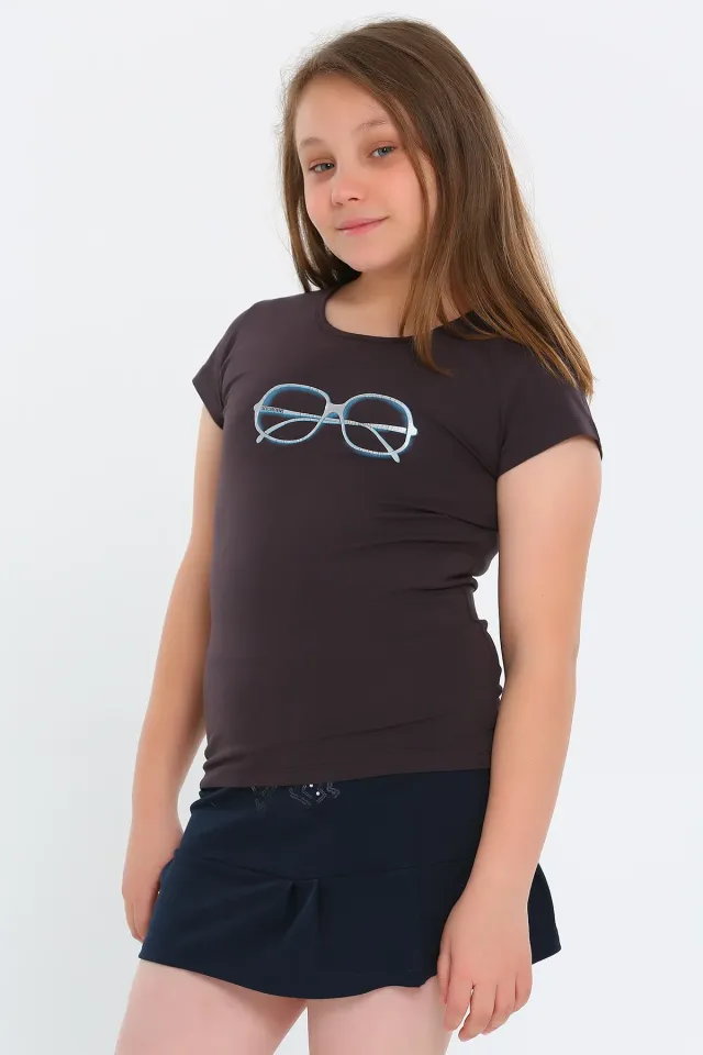 Bisiklet Yaka Gözlük Baskılı Kısa Kollu Kız Çocuk T-shirt Koyufüme