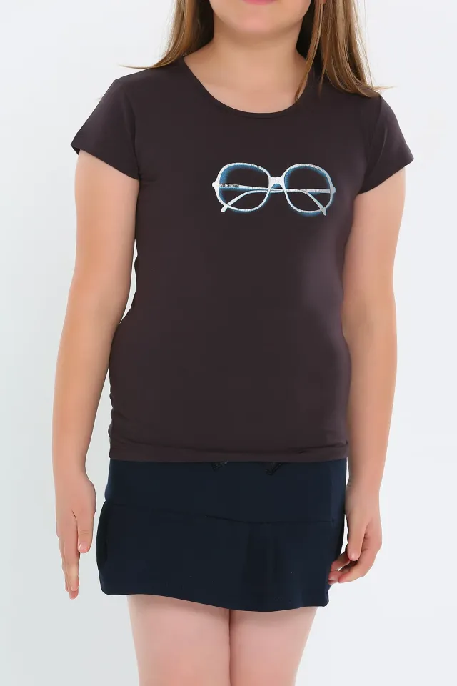 Bisiklet Yaka Gözlük Baskılı Kısa Kollu Kız Çocuk T-shirt Koyufüme