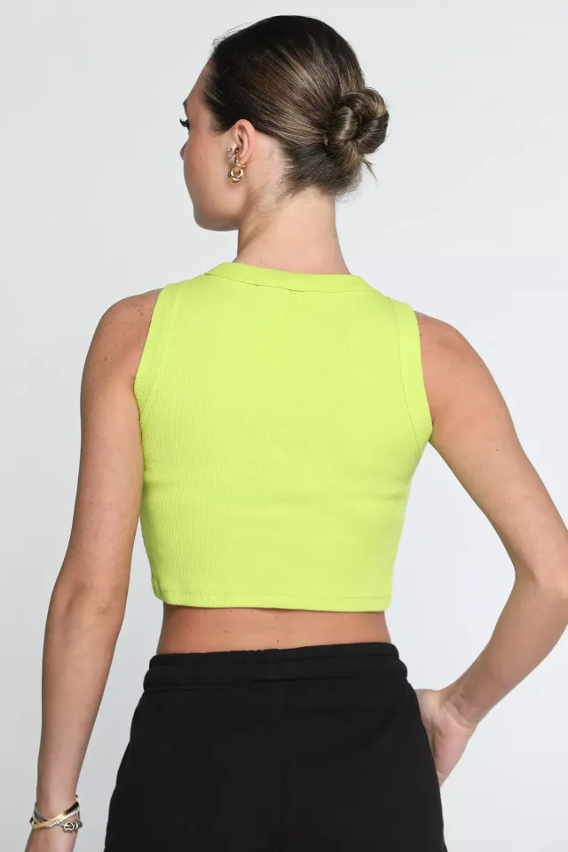 Bisiklet Yaka Kaşkorse Likralı Kadın Crop Top Bluz Neon Yeşil
