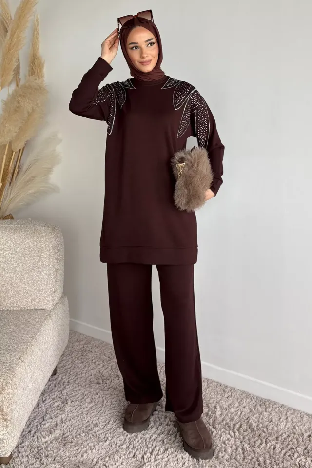 Bisiklet Yaka Taş İşlemeli Tunik Bel Lastikli Pantolon Tesettür İkili Takım Kahve