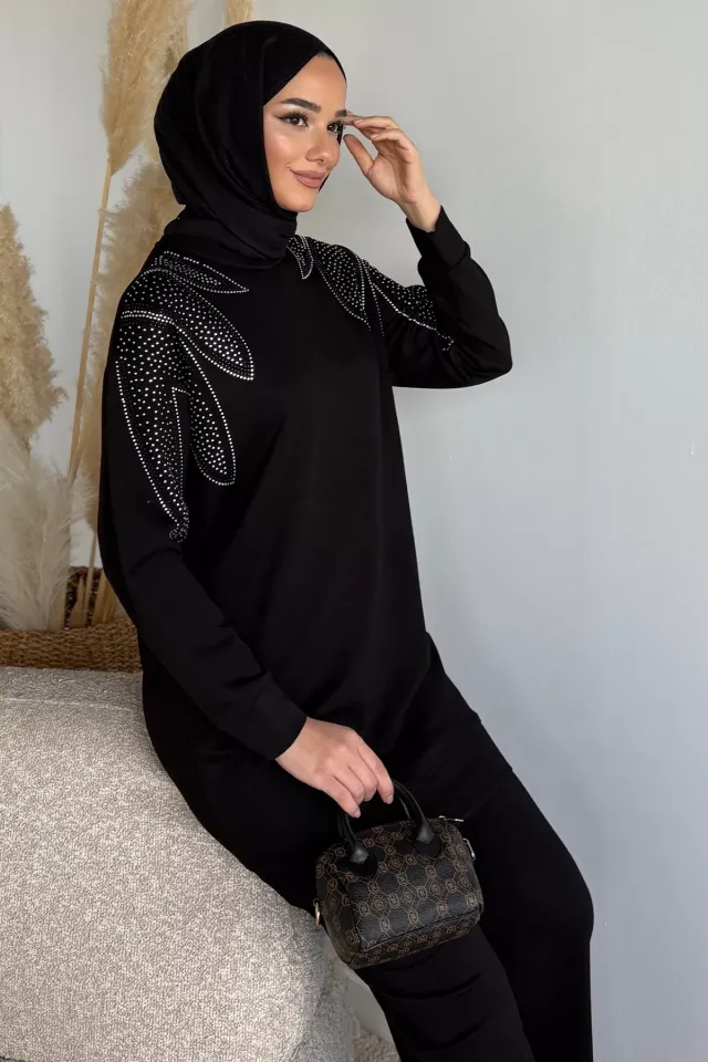 Bisiklet Yaka Taş İşlemeli Tunik Bel Lastikli Pantolon Tesettür İkili Takım Siyah