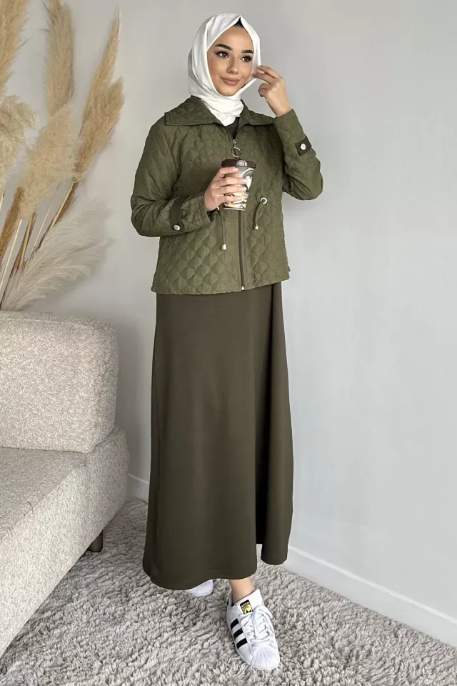 Bisiklet Yaka Tesettür Elbise Jakarlı Ceket İkili Takım Haki