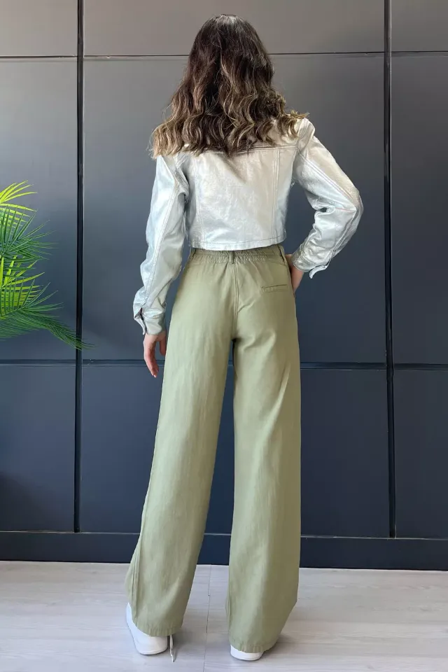 Bol Kesim Palazzo Yüksek Bel Kadın Keten Pantolon Açıkhaki