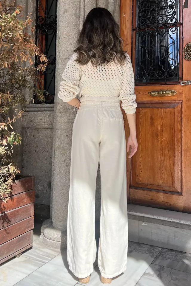 Bol Kesim Palazzo Yüksek Bel Kadın Keten Pantolon Taş
