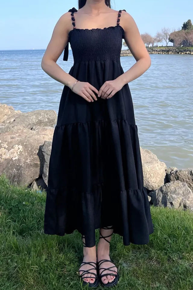 Boncuklu Askı Detaylı Uzun Kadın Elbise Siyah