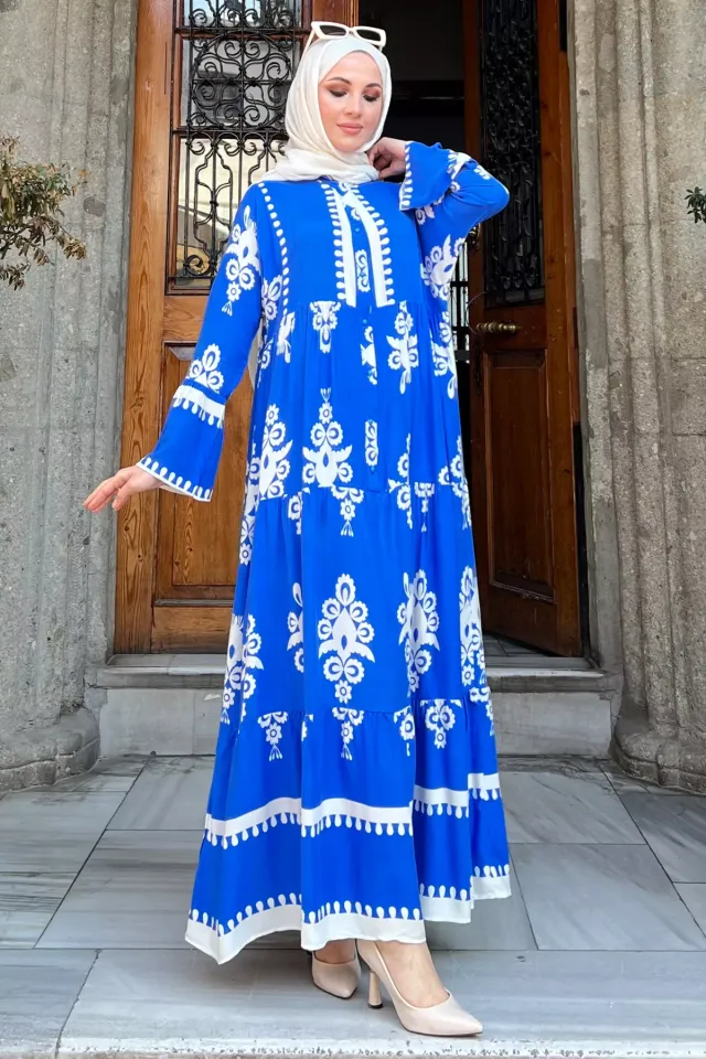Boydan Düğmeli Desenli Rahat Elbise Saksmavisi