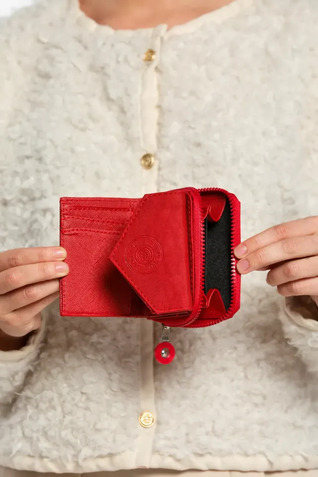 Bozuk Para Ve Kartlık Bölmeli Dikiş Detaylı Zarf Model Kadın Cüzdan Kırmızı