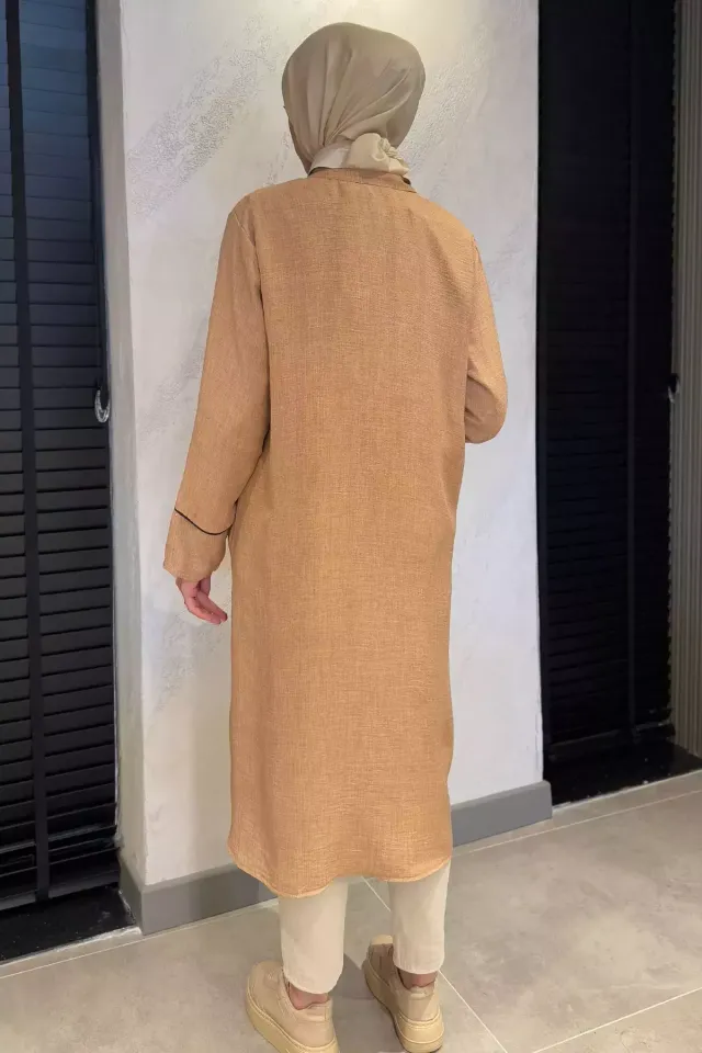 Büyük Beden Ön Fermuarlı Keten Tesettür Kap Bej