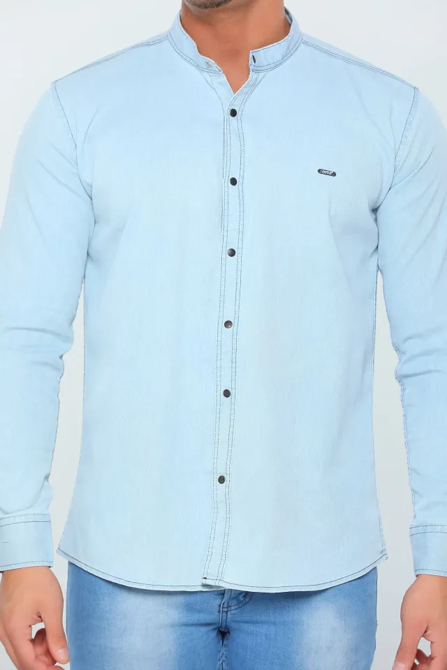 Erkek Likralı Uzun Kollu Basic Gömlek BuzMavisi
