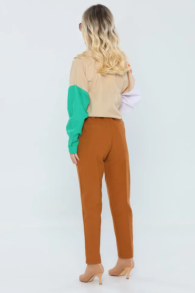 Kadın Yüksek Bel Likralı Bilek Boy Kumaş Pantolon Camel