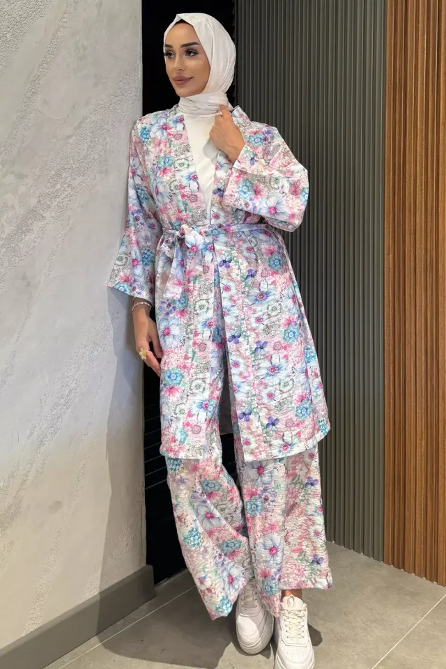 Çiçek Desenli Kimono Pantolon Tesettür İkili Takım Mavi