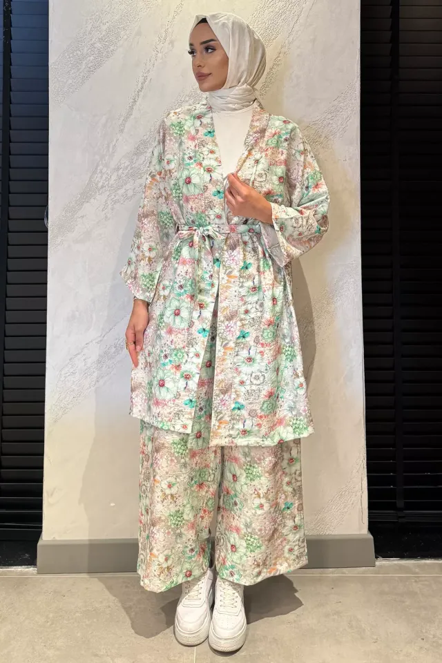 Çiçek Desenli Kimono Pantolon Tesettür İkili Takım Mint
