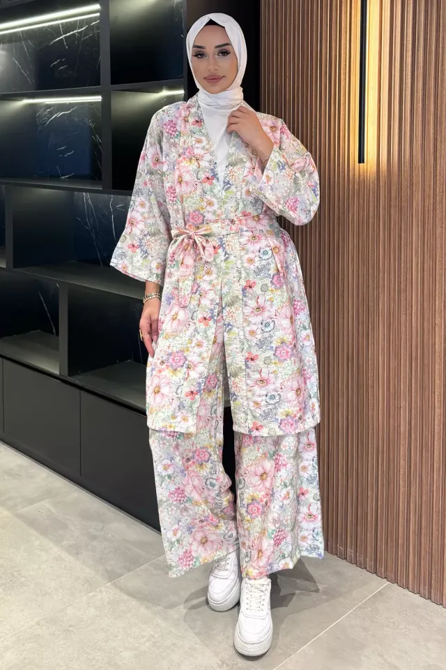Çiçek Desenli Kimono Pantolon Tesettür İkili Takım Pembe