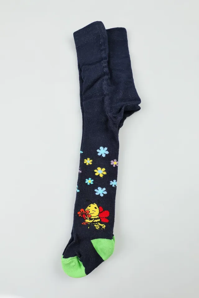 Çiçek Ve Hayvan Desenli Likralı Kız Çocuk Külotlu Çorap Lacivert