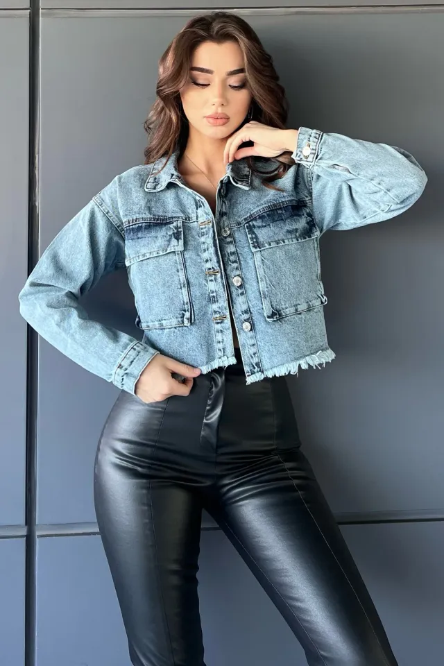 Çift Cepli Bitiş Püskül Detaylı Kadın Crop Top Jean Kot Ceket Buzmavisi