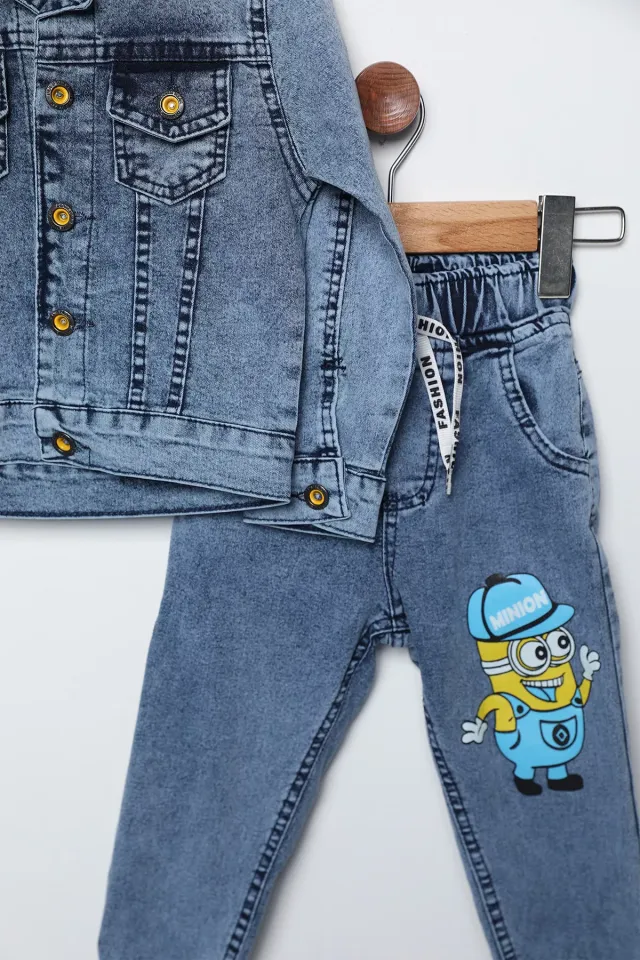 Çift Cepli Erkek Çocuk Minion Baskılı Jean Kot Ceket Pantolon İkili Takım Mavi