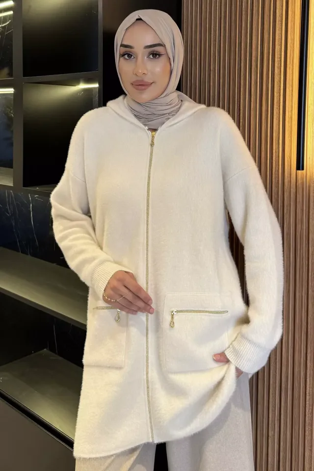 Çift Cepli Kapüşonlu Sakallı Tesettür Triko Ceket (s-m-l-xl Beden Uyumludur.) Krem