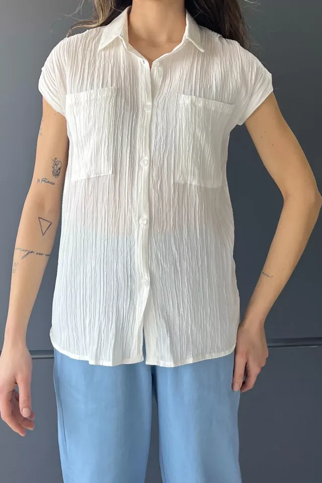 Çift Cepli Omuz Pileli Japone Kol Kadın Gömlek Krem