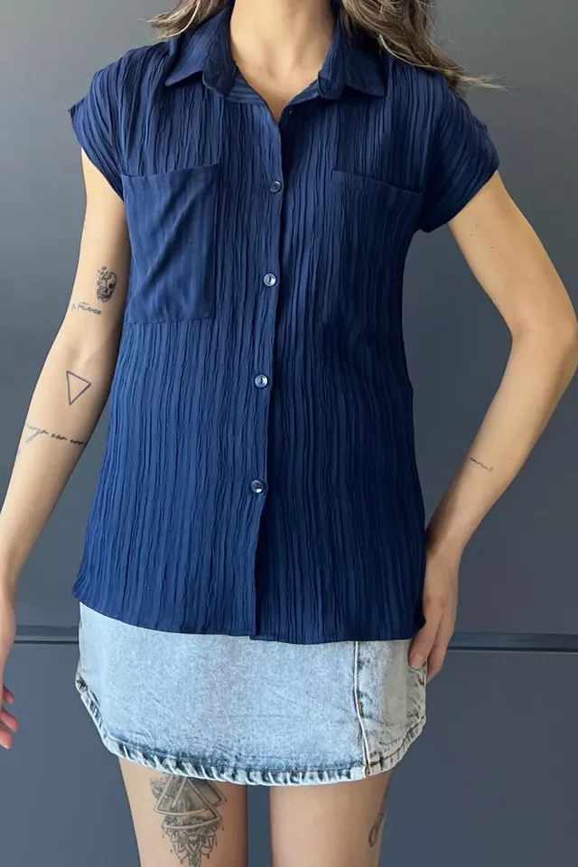 Çift Cepli Omuz Pileli Japone Kol Kadın Gömlek Lacivert